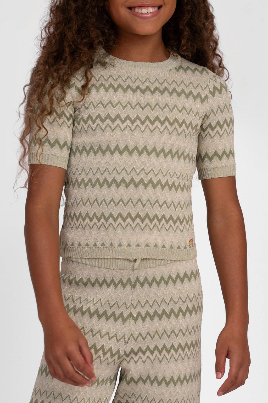 NIK&NIK ajour T-shirt met grafische print en glitters - groen