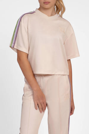 boxy T-shirt met logo en contrastbies - beige