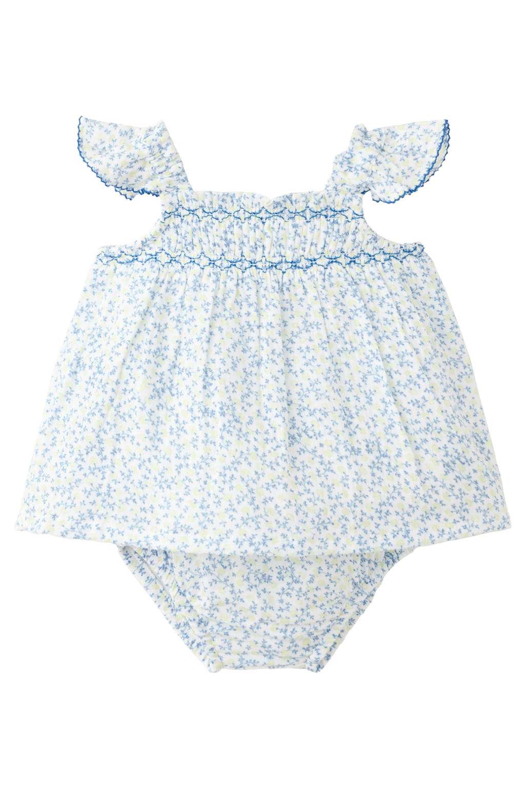 Lichtblauw en witte meisjes Mango Kids jurk bloomer van katoen met korte mouwen, vierkante hals en contrast stiksels