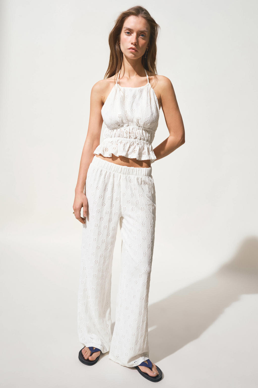 Witte meisjes MANGO TEEN casual broek ajour van polyester met elastische tailleband en effen
