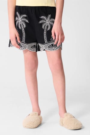 high waist casual short zwart broderie