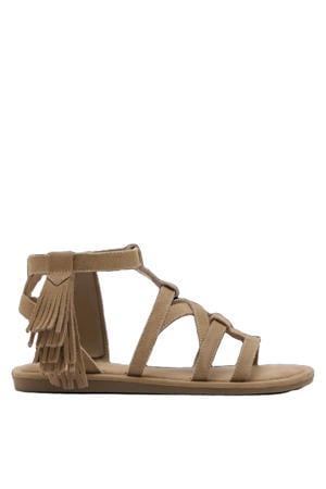 leren sandalen met franjes lichtbruin