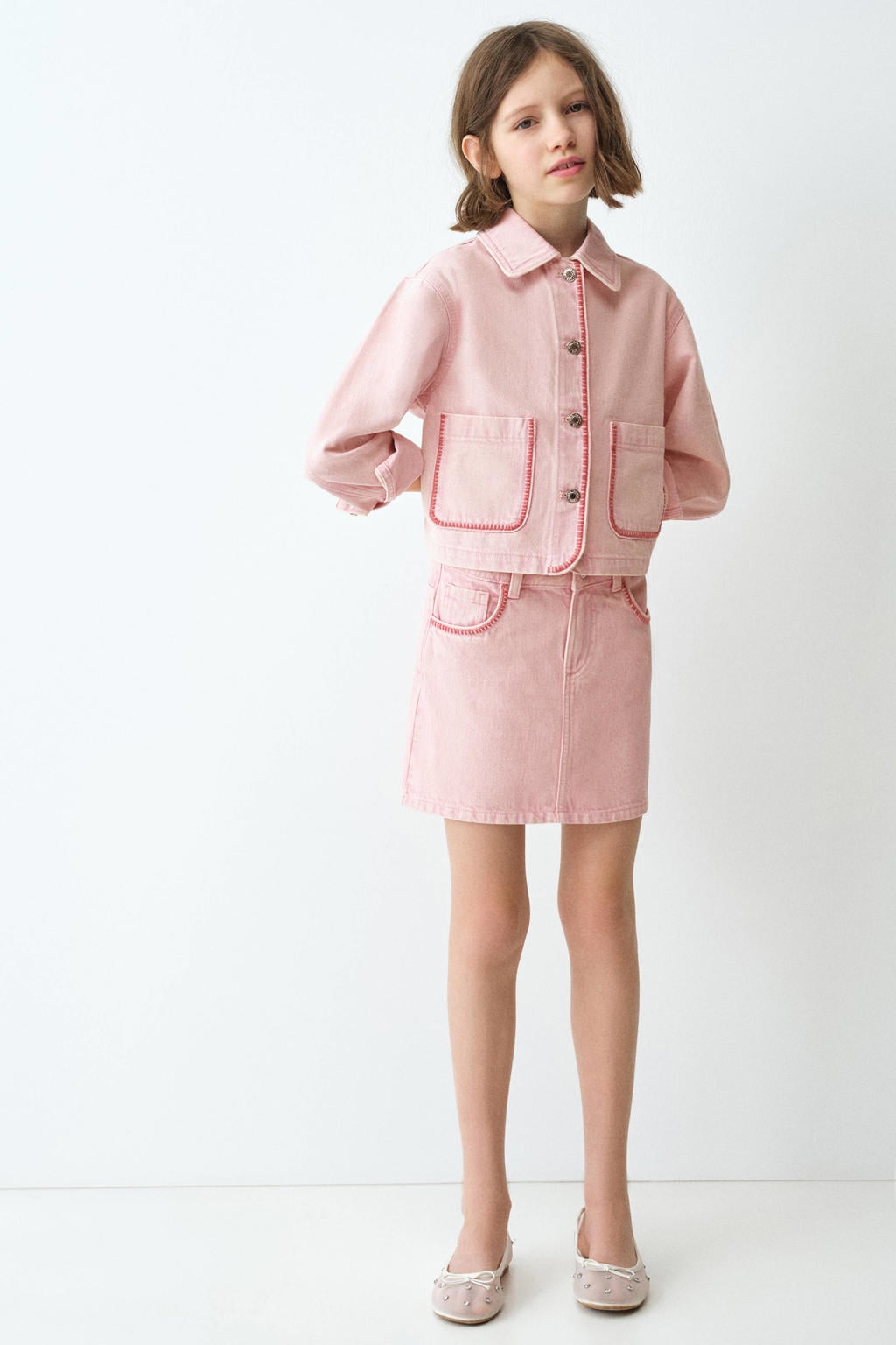 Roze meisjes Mango Kids spijkerrok gemaakt van denim en met rits- en knoopsluiting