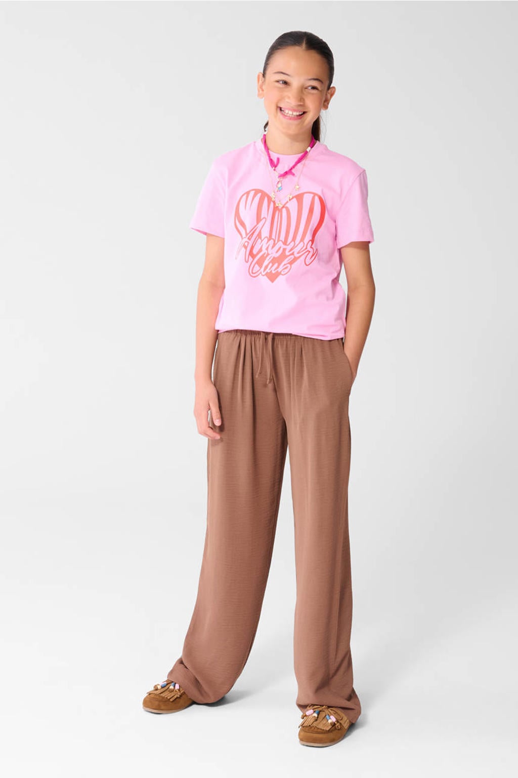 Bruine meisjes Shoeby wide leg high waist casual broek met elastische tailleband met koord en effen