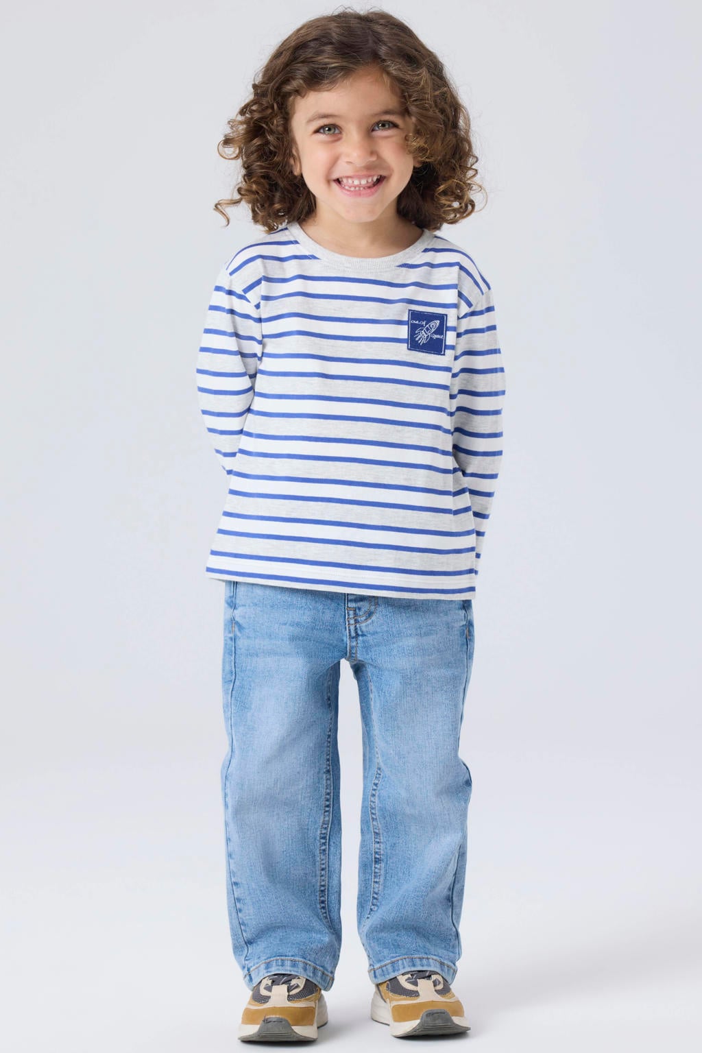 NAME IT MINI gestreepte longsleeve met borduursels - lichtgrijs