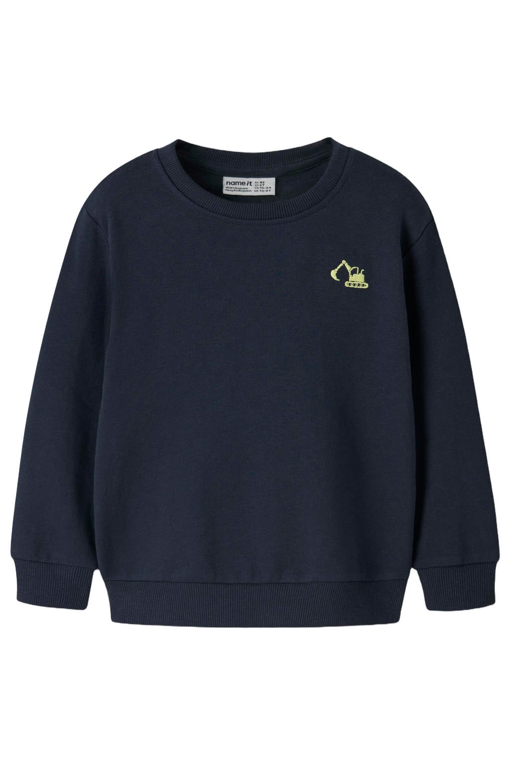 Donkerblauwe jongens NAME IT MINI rechtvallend sweater van katoen met printopdruk, lange mouwen, ronde hals en geribde boorden