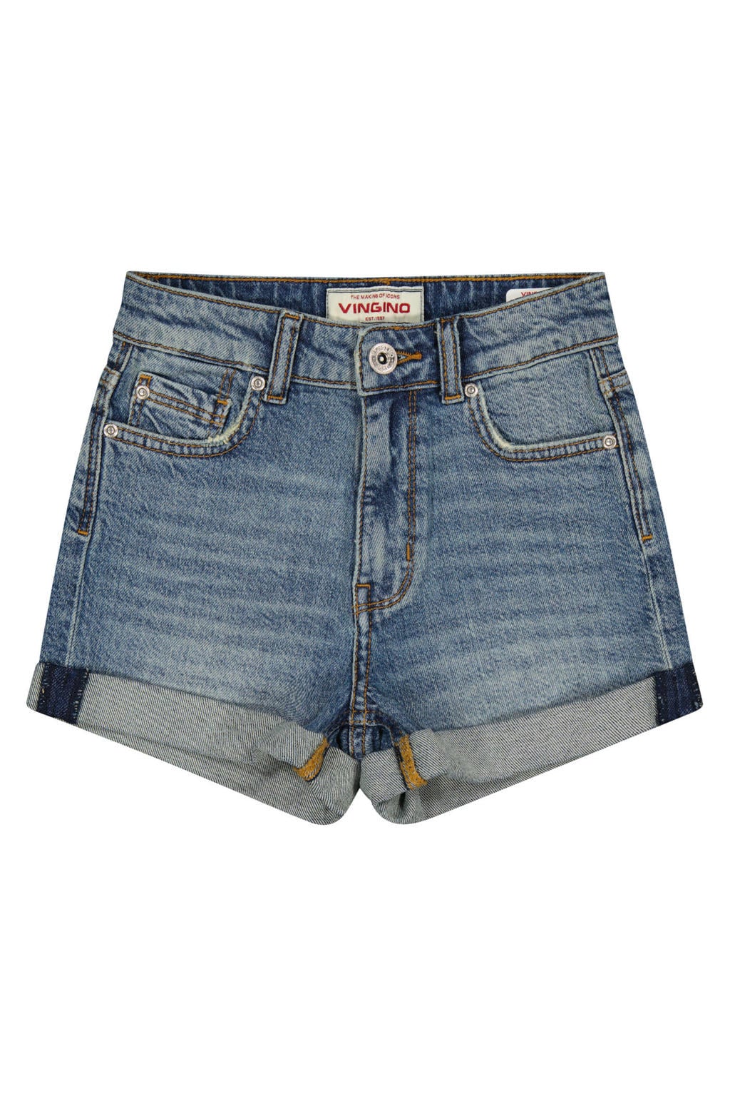 Medium blue denim meisjes Vingino regular waist short van denim met rits- en knoopsluiting en effen