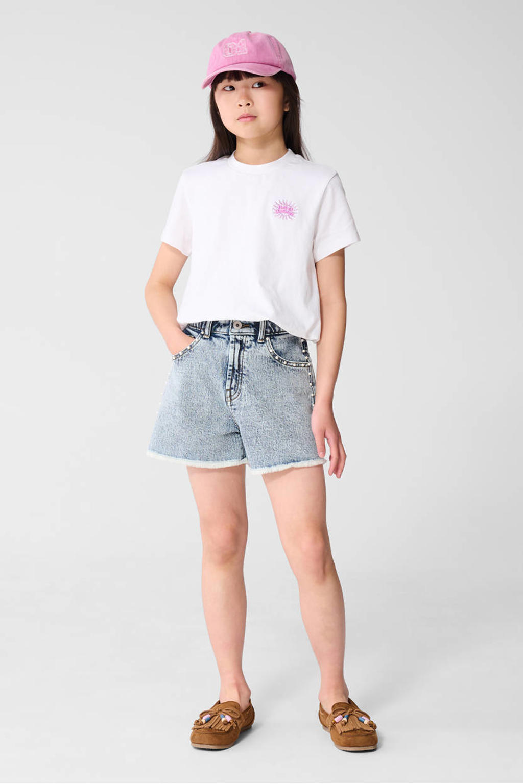 Witte meisjes Shoeby T-shirt van katoen met effen, korte mouwen, ronde hals en borduursels