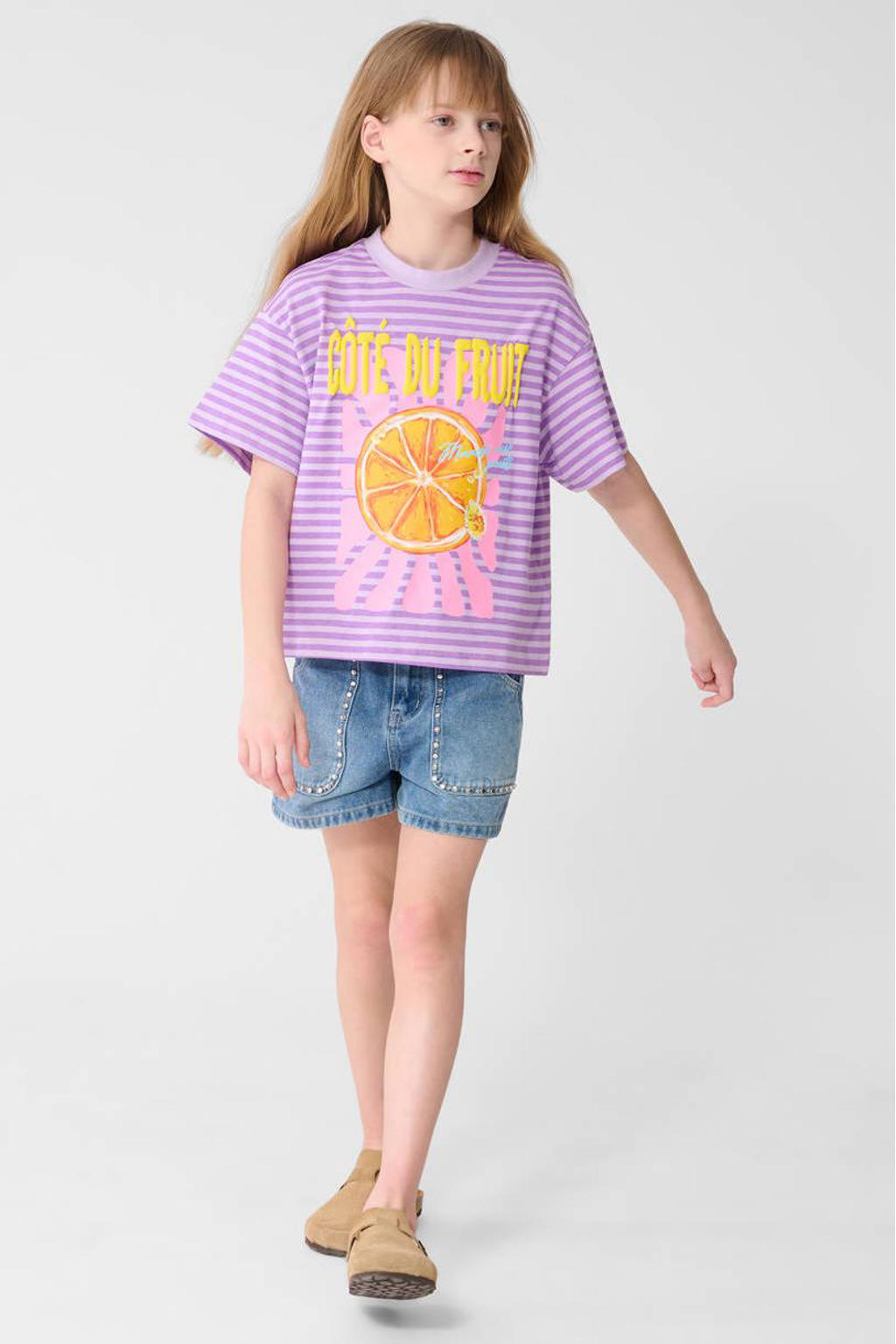Paarse meisjes Shoeby gestreepte gestreept T-shirt van katoen met printopdruk, korte mouwen en ronde hals