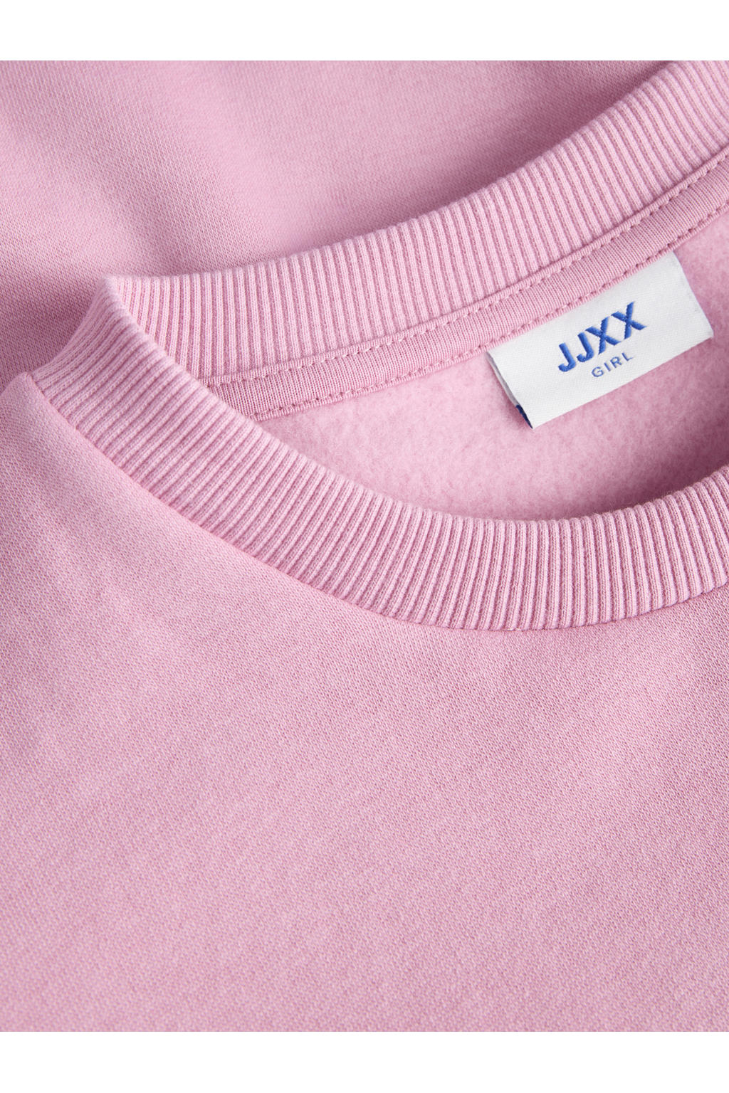 Roze meisjes JJXX GIRL sweater met tekst print, lange mouwen, ronde hals en geribde boorden