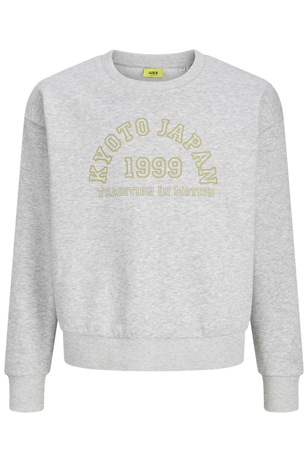 Grijs melange meisjes JJXX GIRL sweater met tekst print, lange mouwen, ronde hals en geribde boorden