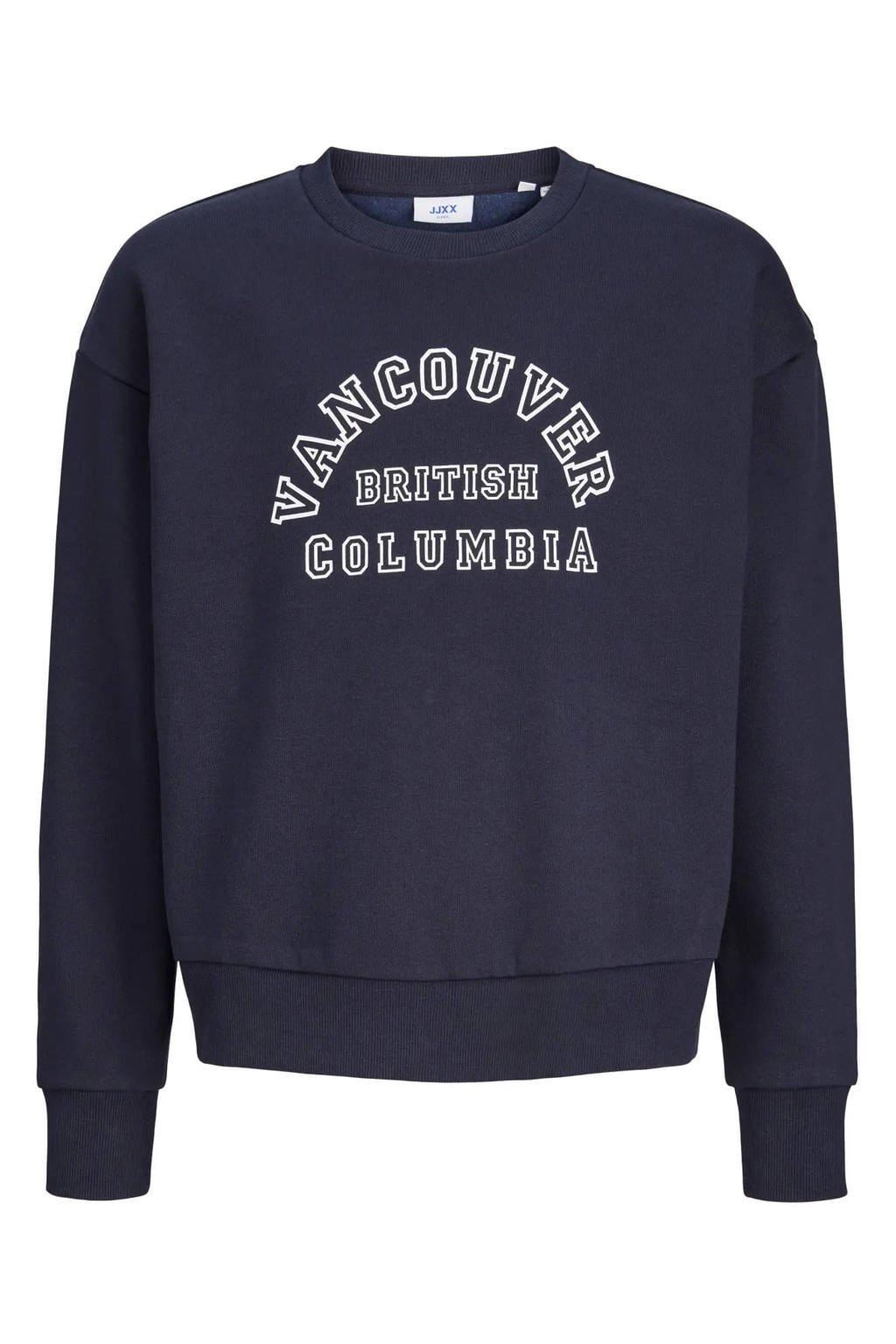 Donkerblauwe meisjes JJXX GIRL sweater met tekst print, lange mouwen, ronde hals en geribde boorden