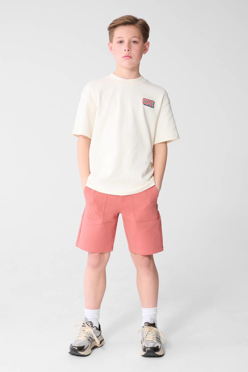 Ecru jongens Shoeby T-shirt van katoen met backprint, korte mouwen en ronde hals