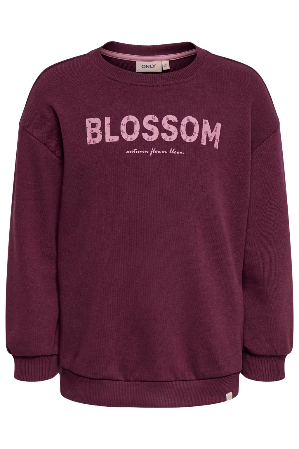 Paarse meisjes KIDS ONLY MINI sweater van katoen met printopdruk, lange mouwen, ronde hals en geribde boorden