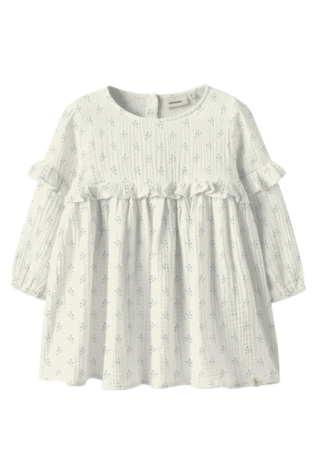 Wit en blauwe meisjes LIL' ATELIER MINI gebloemde korte jurk van katoen met lange mouwen en ronde hals