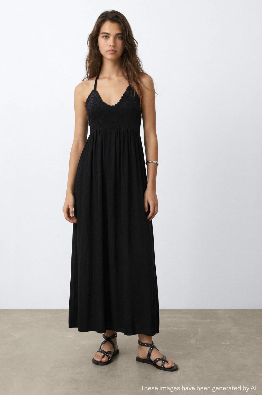 Zwarte meisjes MANGO TEEN maxi jurk gebreid van viscose met effen, halterkraag en striksluiting