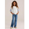 WE Fashion oversized gestreepte semi-transparante T-shirt met tekst - wit