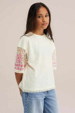 oversized gestreepte semi-transparante T-shirt met tekst - ecru