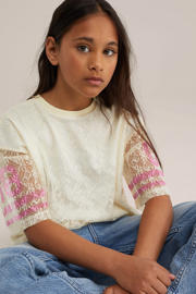 thumbnail: WE Fashion oversized gestreepte semi-transparante T-shirt met tekst - ecru