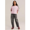 WE Fashion oversized gestreepte semi-transparante T-shirt met tekstprint - roze