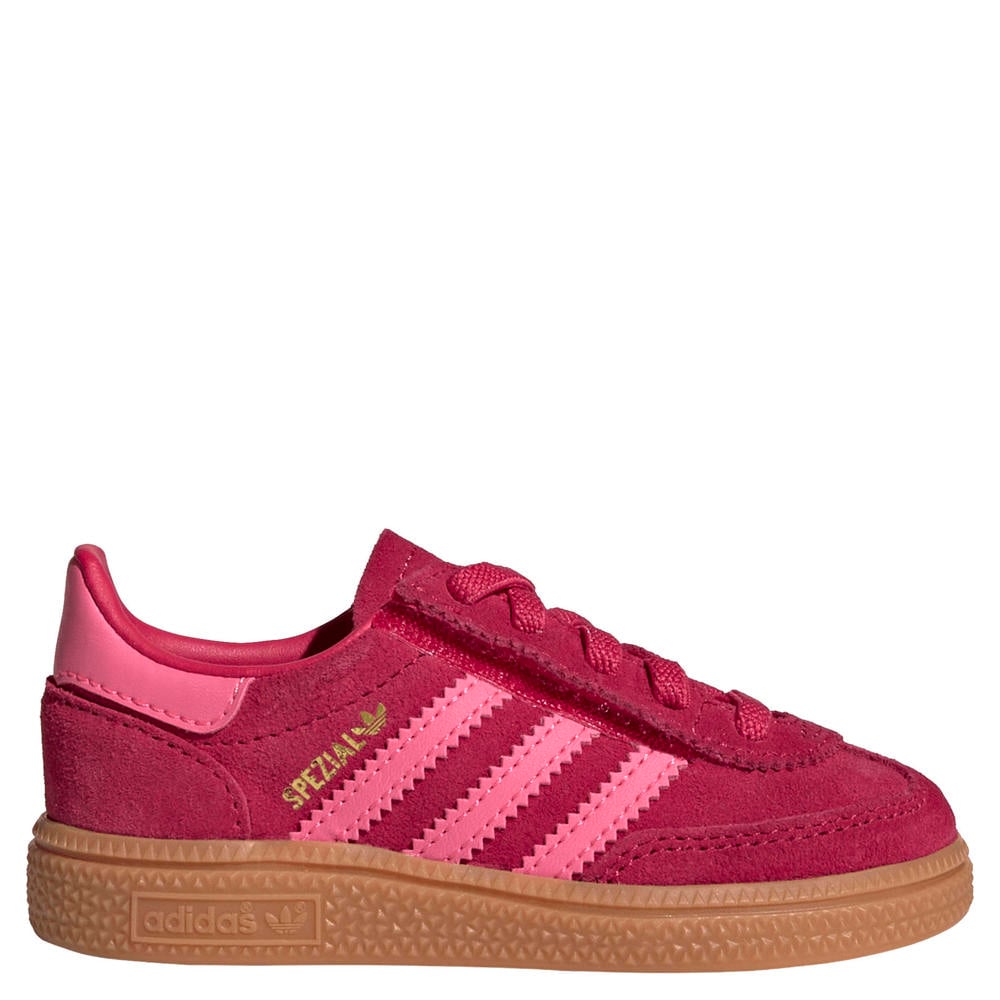 Rood en roze jongens en meisjes adidas Originals Handball Spezial suède sneakers met elastische veter- met klittenbandsluiting