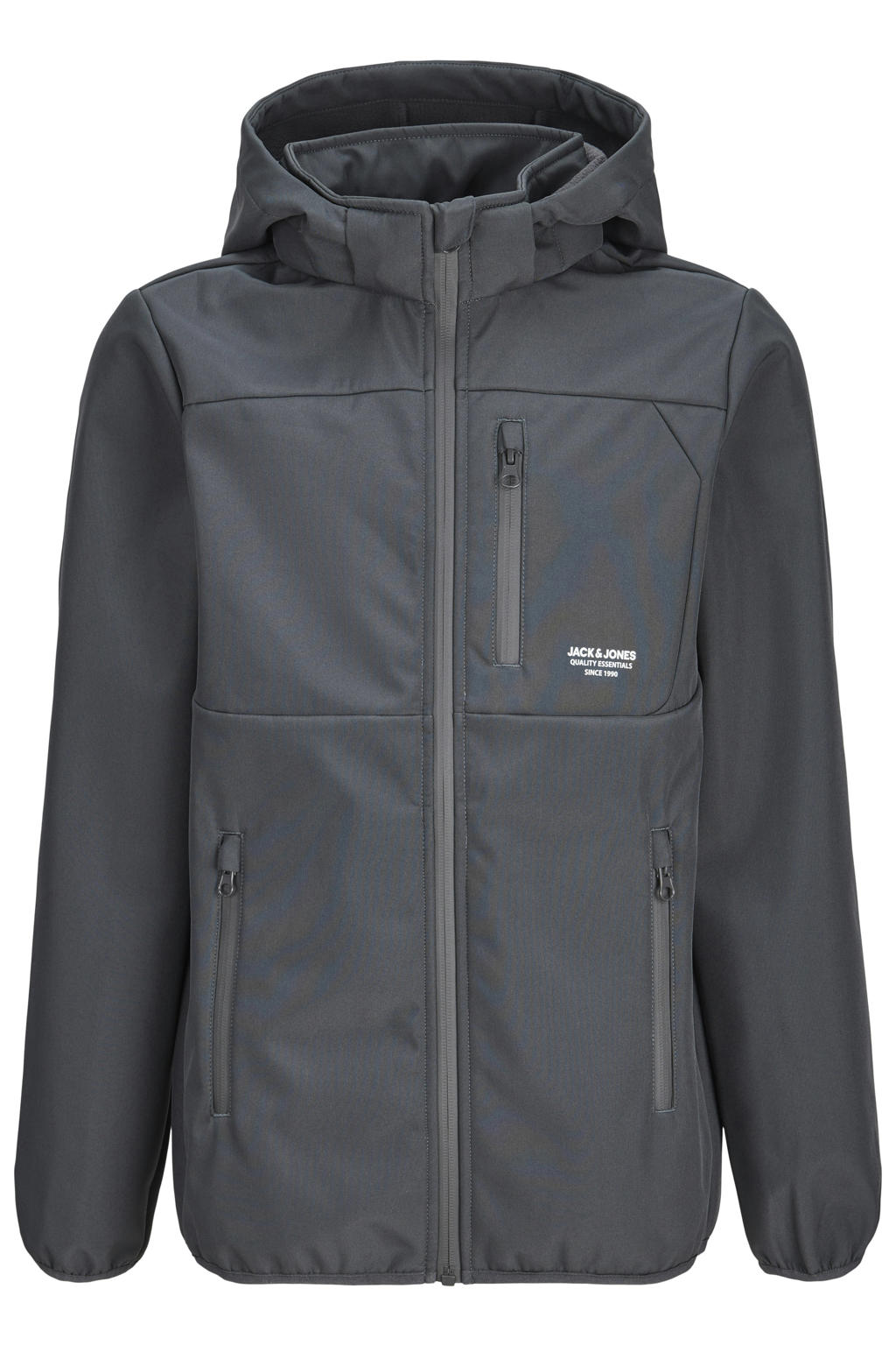 Antraciete jongens JACK & JONES JUNIOR softshell jas van polyester met effen, lange mouwen, capuchon en ritssluiting