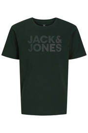 thumbnail: Donkergroene jongens JACK & JONES JUNIOR T-shirt van katoen met logo dessin, korte mouwen en ronde hals