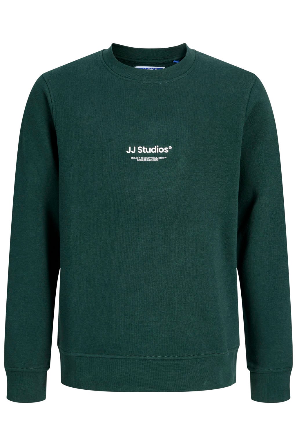 Donkergroene jongens JACK & JONES JUNIOR sweat sweater met tekst print, lange mouwen, ronde hals en geribde boorden