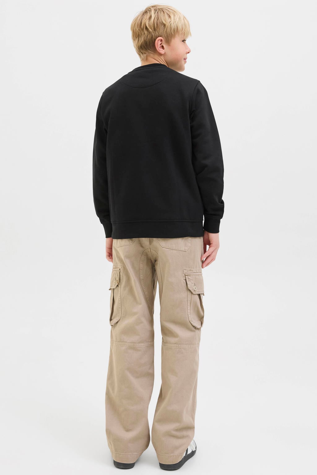 Zwarte jongens JACK & JONES JUNIOR sweat sweater met tekst print, lange mouwen, ronde hals en geribde boorden
