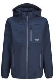 thumbnail: Donkerblauwe jongens JACK & JONES JUNIOR softshell jas van polyester met effen, lange mouwen, capuchon en ritssluiting
