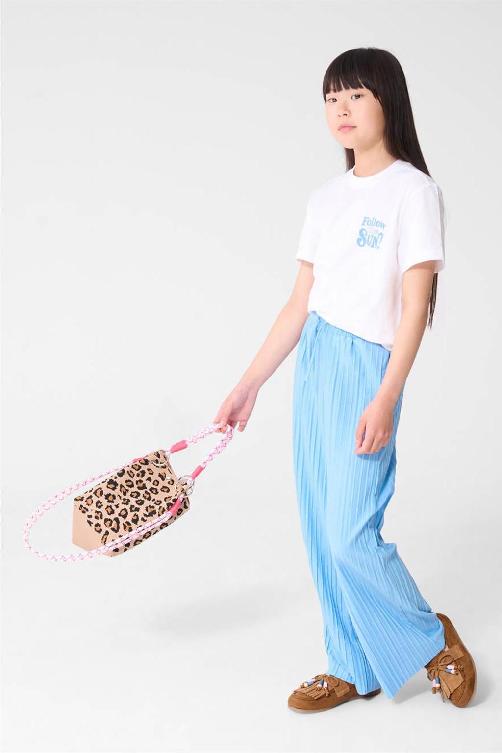 Blauwe meisjes Shoeby regular waist casual broek van polyester met elastische tailleband met koord en effen