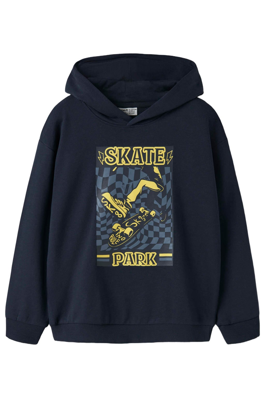 Donkerblauwe jongens NAME IT KIDS hoodie van sweat materiaal met printopdruk, lange mouwen en capuchon