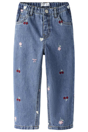 NMFBELLA regular waist barrel gebloemde jeans met borduursels - mediumblauw