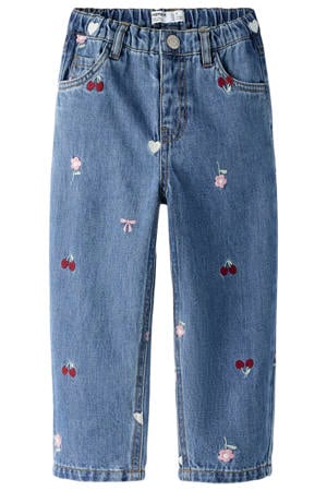 NMFBELLA regular waist barrel gebloemde jeans met borduursels - mediumblauw