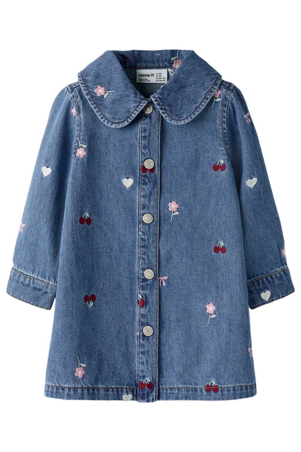 NAME IT MINI gebloemde A-lijn spijkerjurk met borduursels - middelblauw