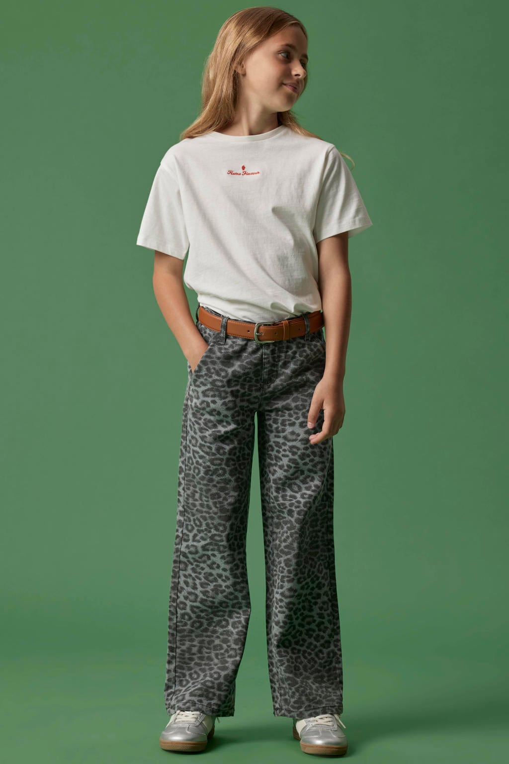 Grijs en zwarte meisjes NAME IT KIDS wide leg casual broek van katoen met rits- en knoopsluiting en panterprint
