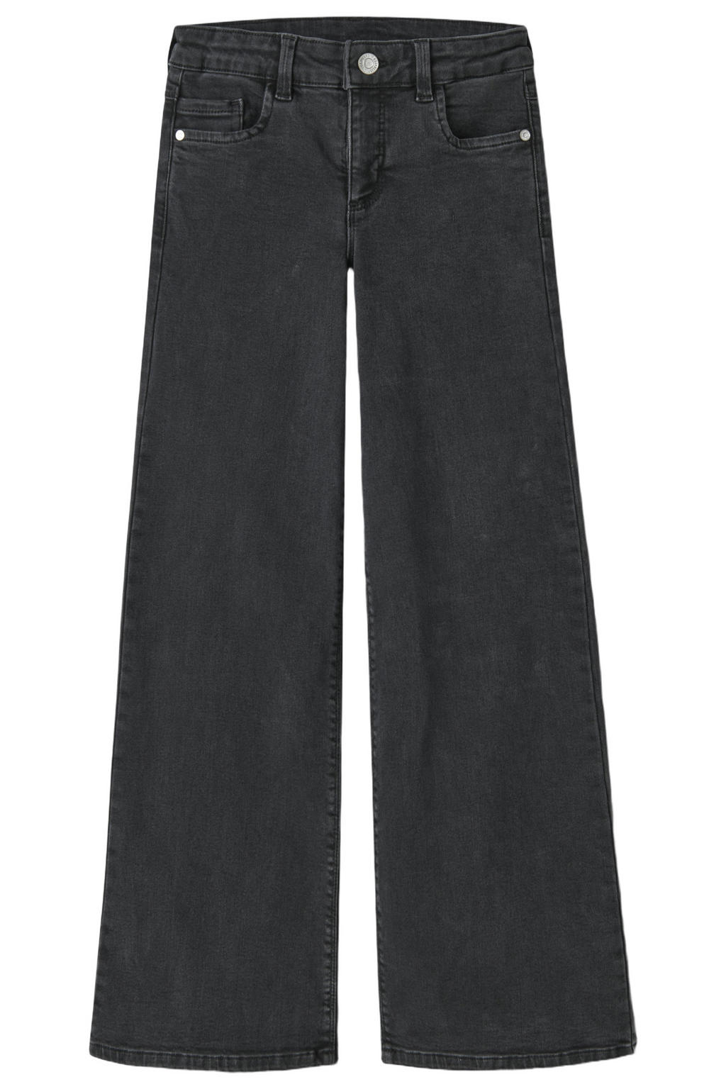 Black denim meisjes NAME IT KIDS wide leg jeans van denim met rits- en haaksluiting en effen