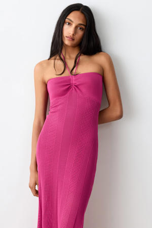 halter maxijurk met open breisel - roze