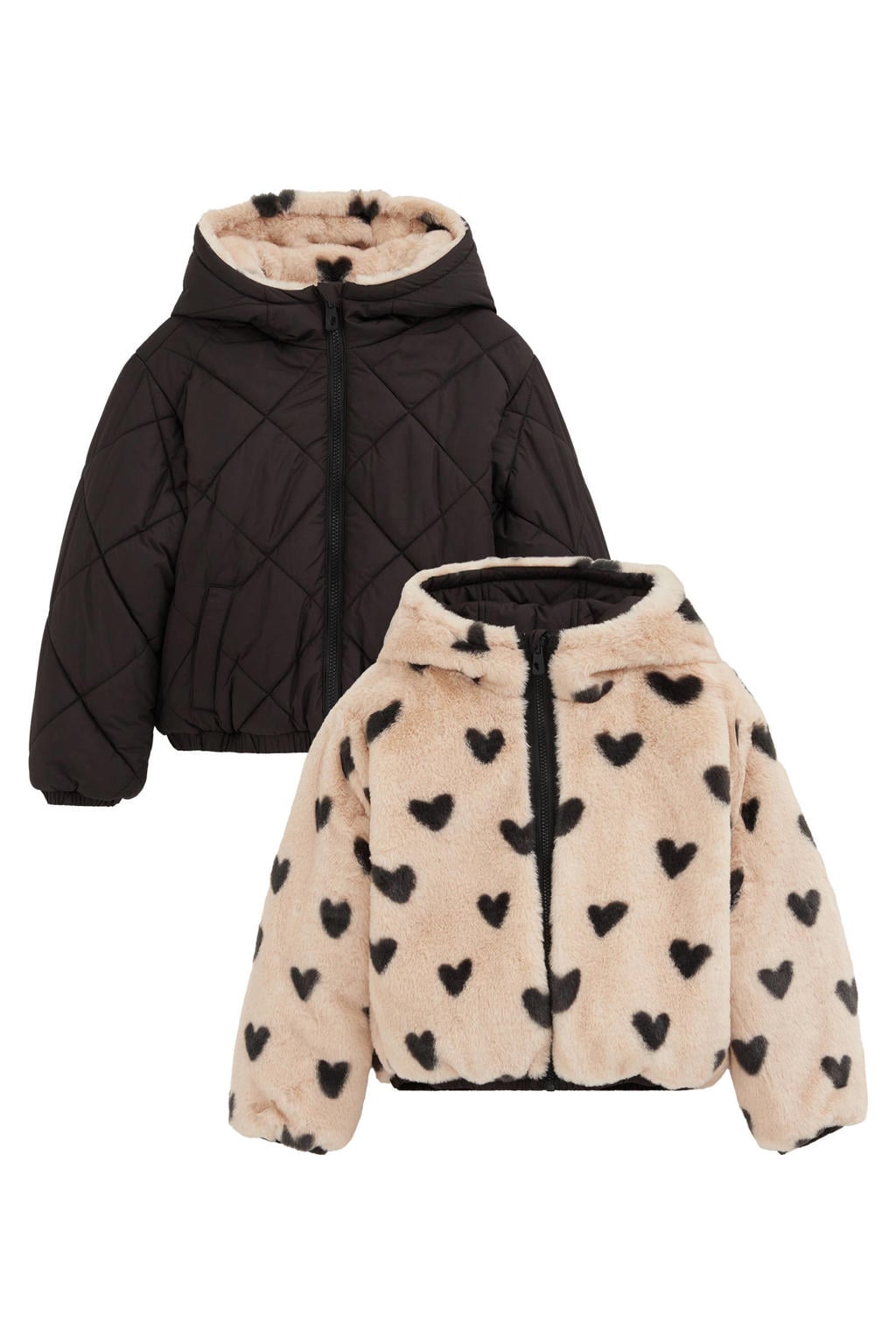 Zwarte meisjes WE Fashion imitatiebont winterjas met effen, lange mouwen, capuchon en ritssluiting