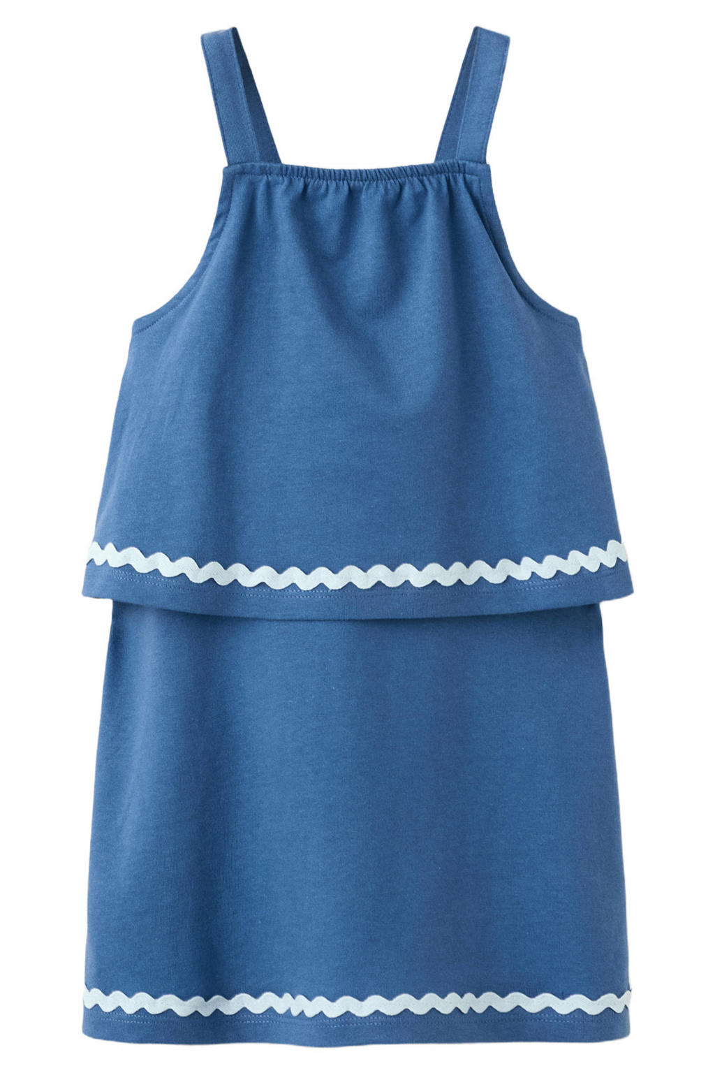 Blauwe meisjes Mango Kids korte jurk van katoen met effen en vierkante hals