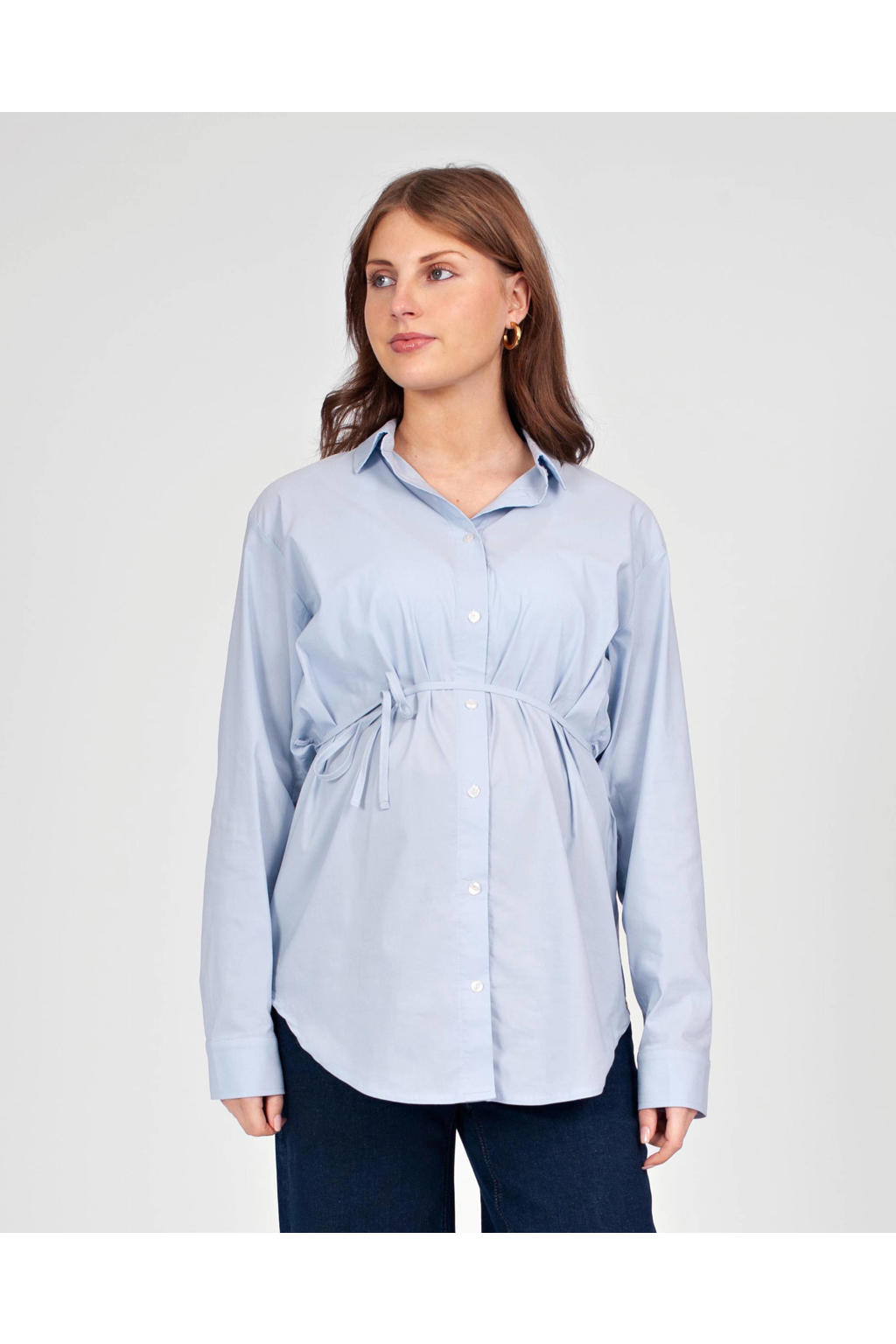 Lichtblauwe dames LOVE2WAIT zwangerschaps blouse van stretchkatoen met effen, lange mouwen, klassieke kraag en knoopsluiting