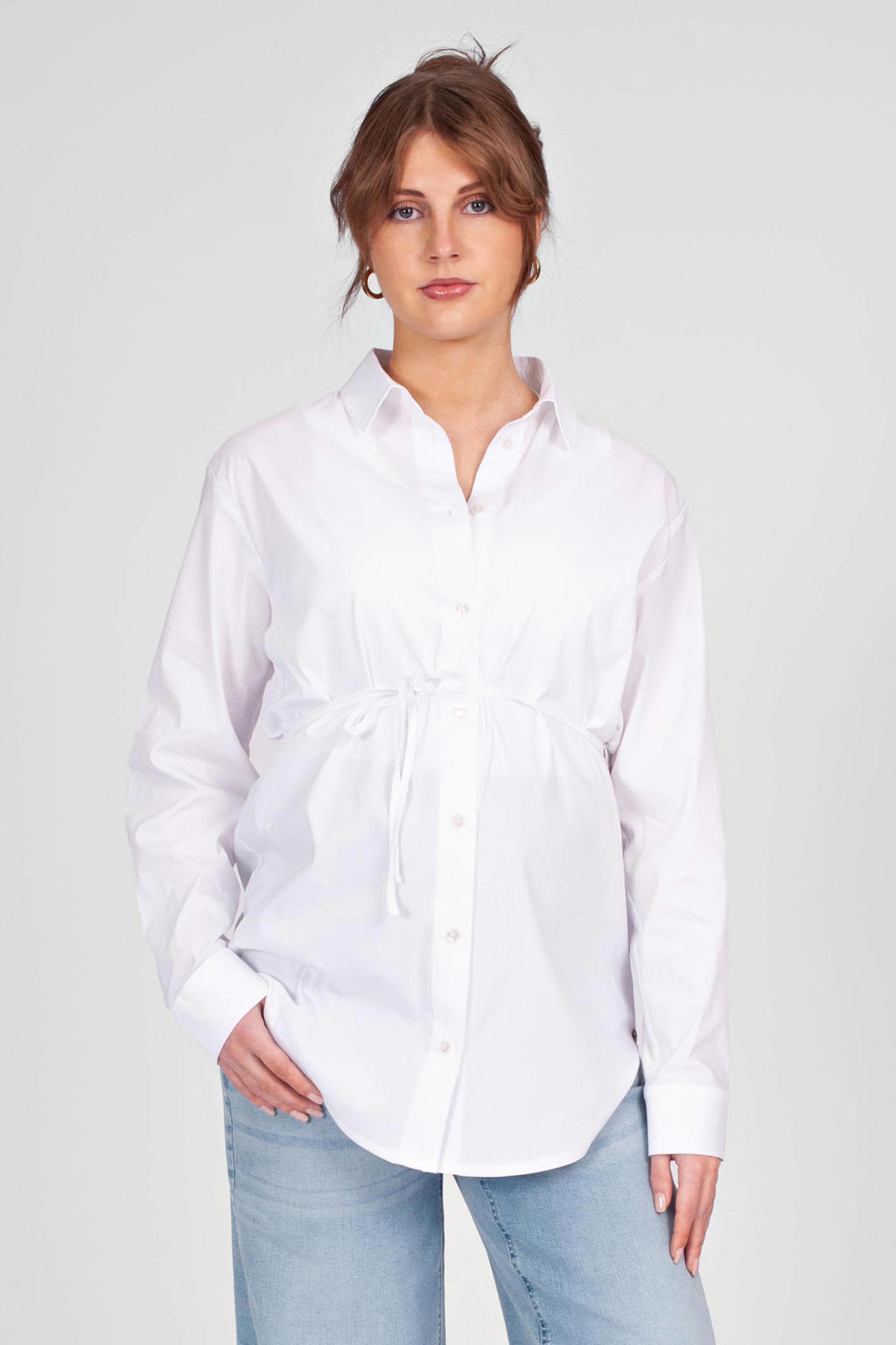 Witte dames LOVE2WAIT zwangerschaps blouse van stretchkatoen met effen, lange mouwen, klassieke kraag en knoopsluiting