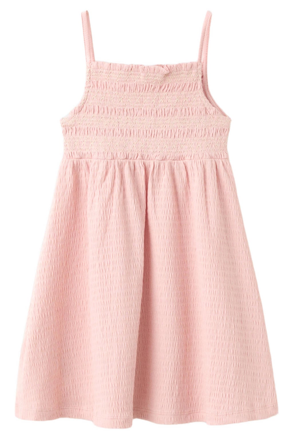 Lichtroze meisjes Mango Kids zomerjurk van katoen met effen, spaghettibandjes, vierkante hals en borduursels