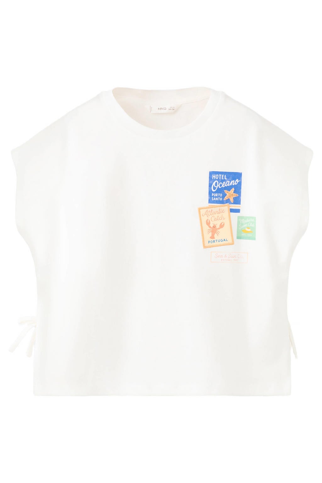 Witte meisjes Mango Kids T-shirt van katoen met printopdruk, ronde hals en strikje