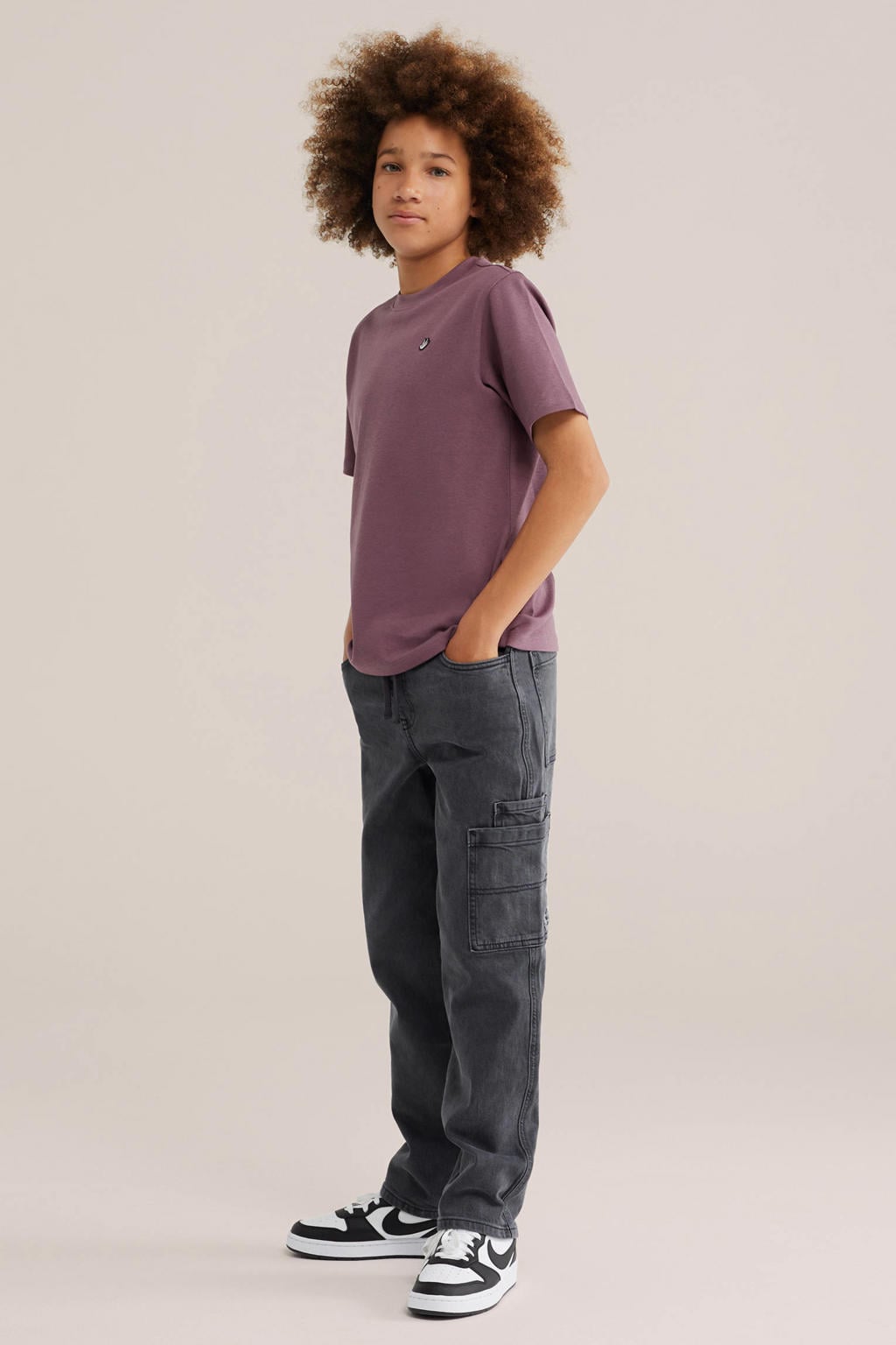 Paarse jongens WE Fashion T-shirt van katoen met effen, korte mouwen en ronde hals