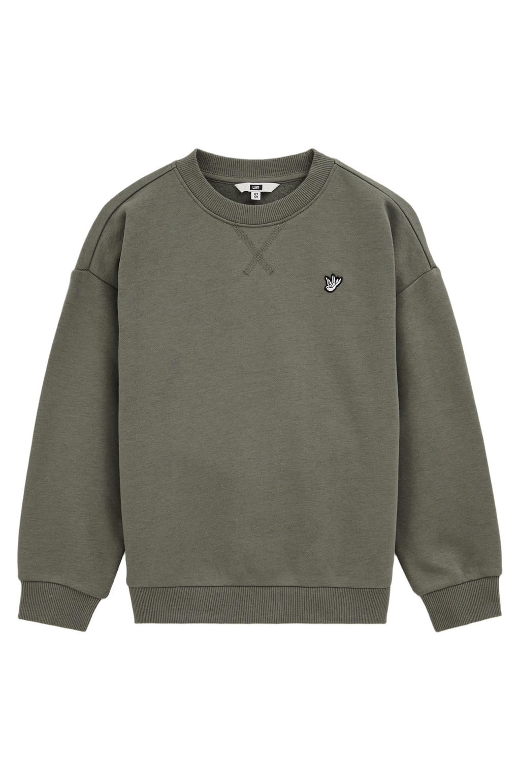Olijfgroene jongens WE Fashion sweater met effen, lange mouwen en ronde hals