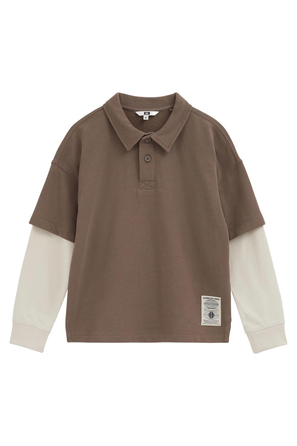 Bruin en ecru jongens WE Fashion polo van katoen met effen, lange mouwen, knoopsluiting en geribde boorden