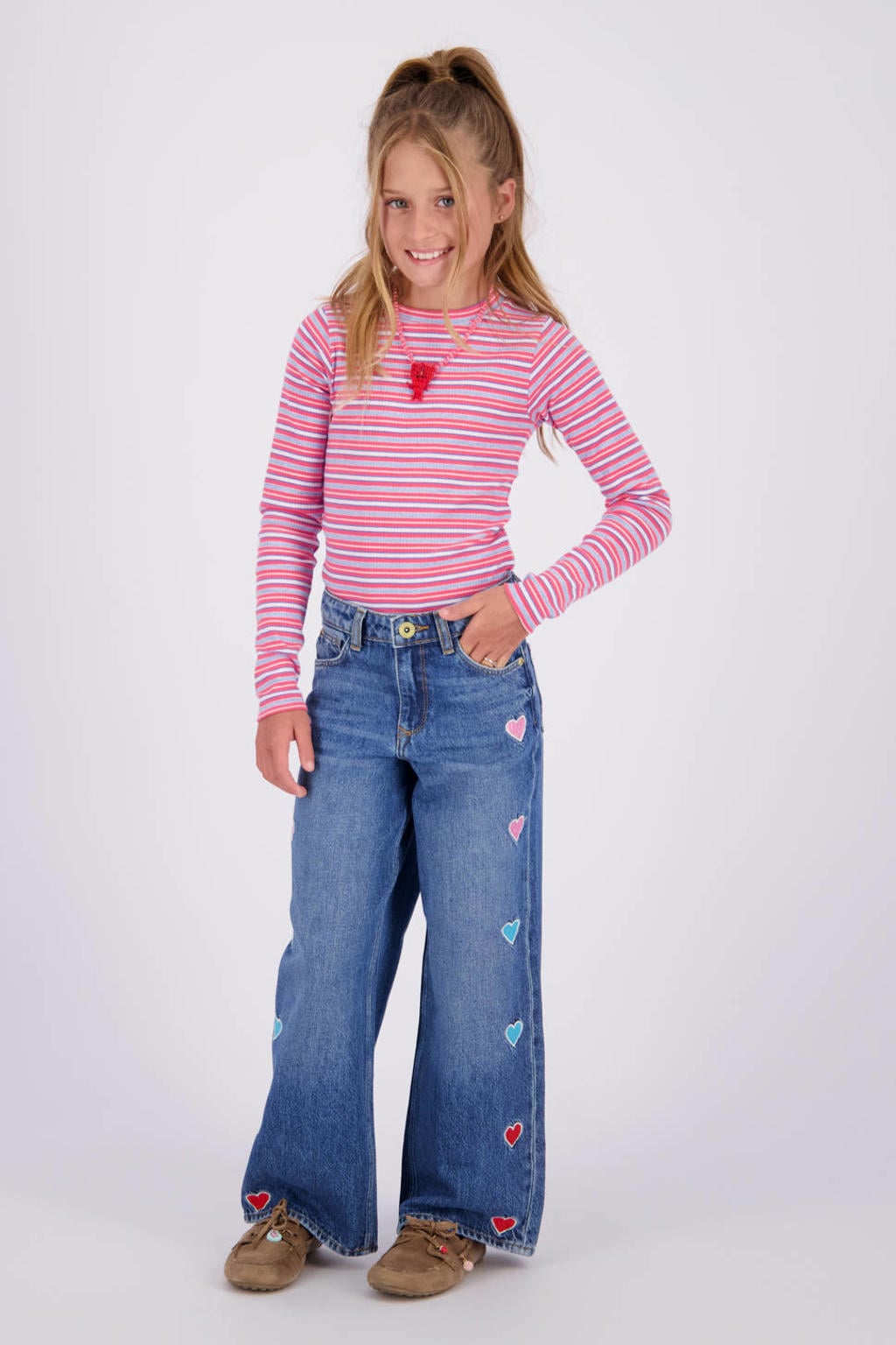Roze meisjes Vingino gestreepte longsleeve van stretchkatoen met lange mouwen en ronde hals