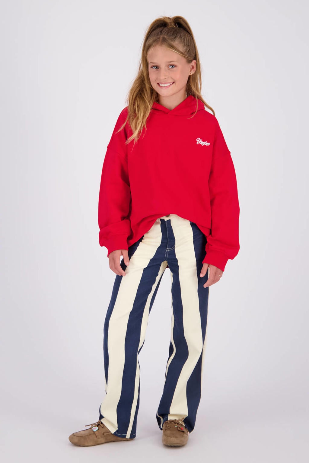 Donkerblauw en lichtgele meisjes Vingino Cato Stripe high waist wide leg gestreepte jeans van denim met rits- en knoopsluiting