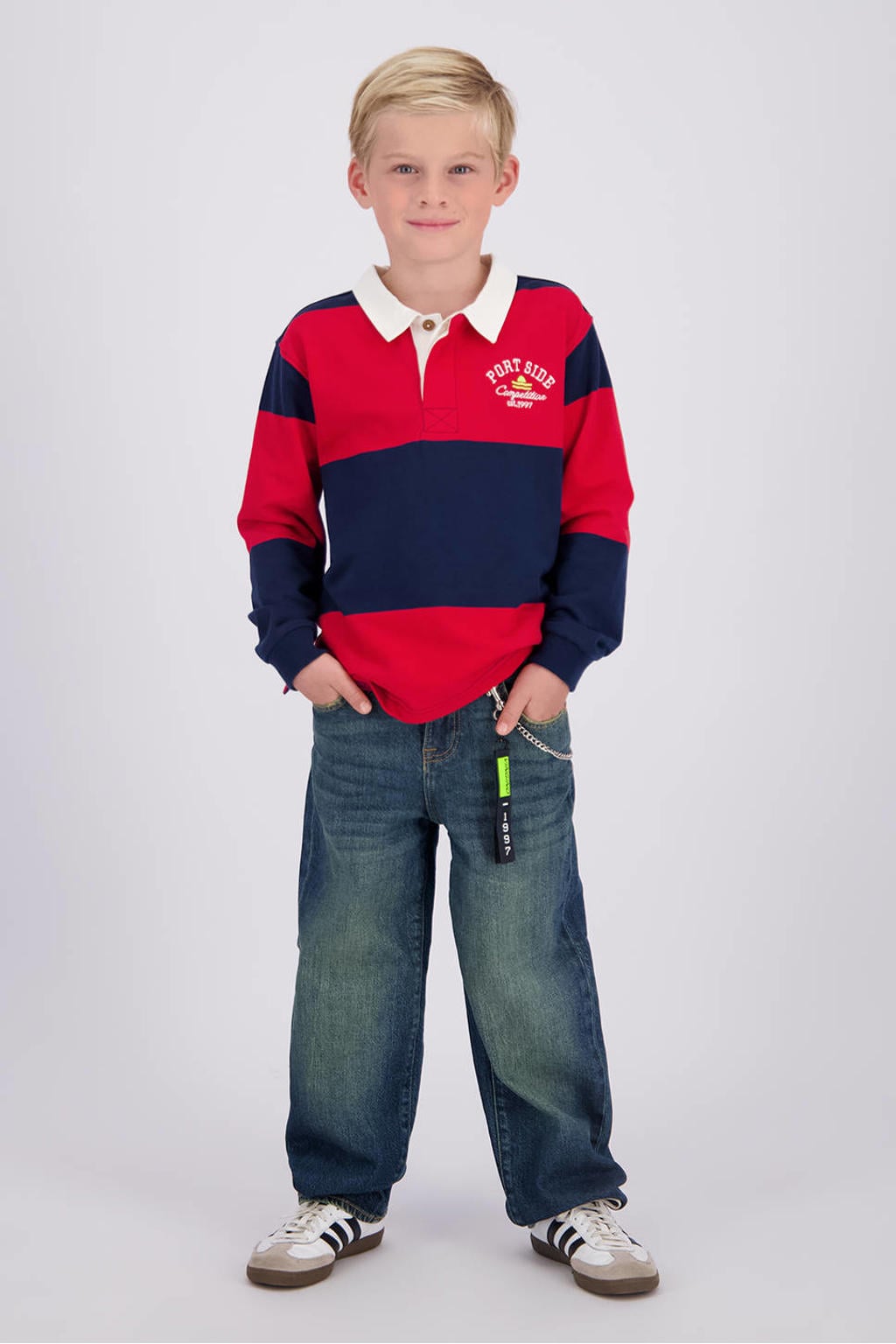 Blauw en rode jongens Vingino gestreepte longsleeve van katoen met lange mouwen, knoopsluiting en geribde boorden